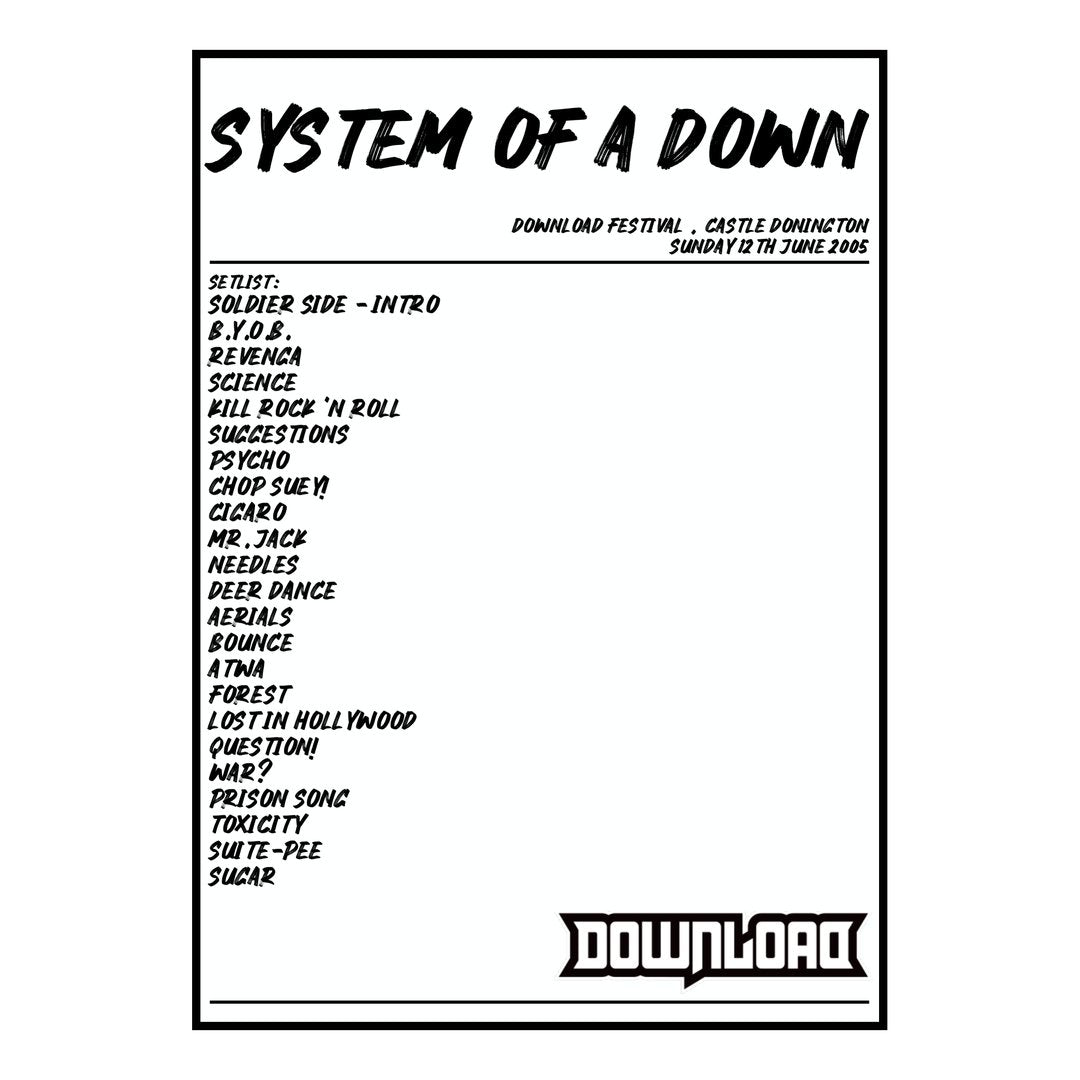 System of a Down Castle Donington 12th June 2005 Setlist poster