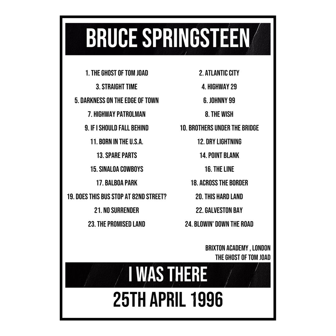 Bruce Springsteen London 25th April 1996 Setlist poster