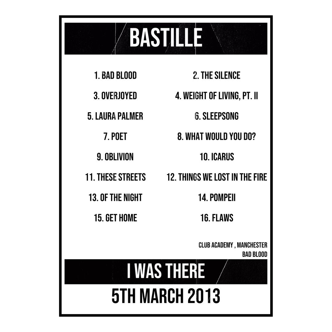 Bastille Manchester 5th March 2013 Setlist poster