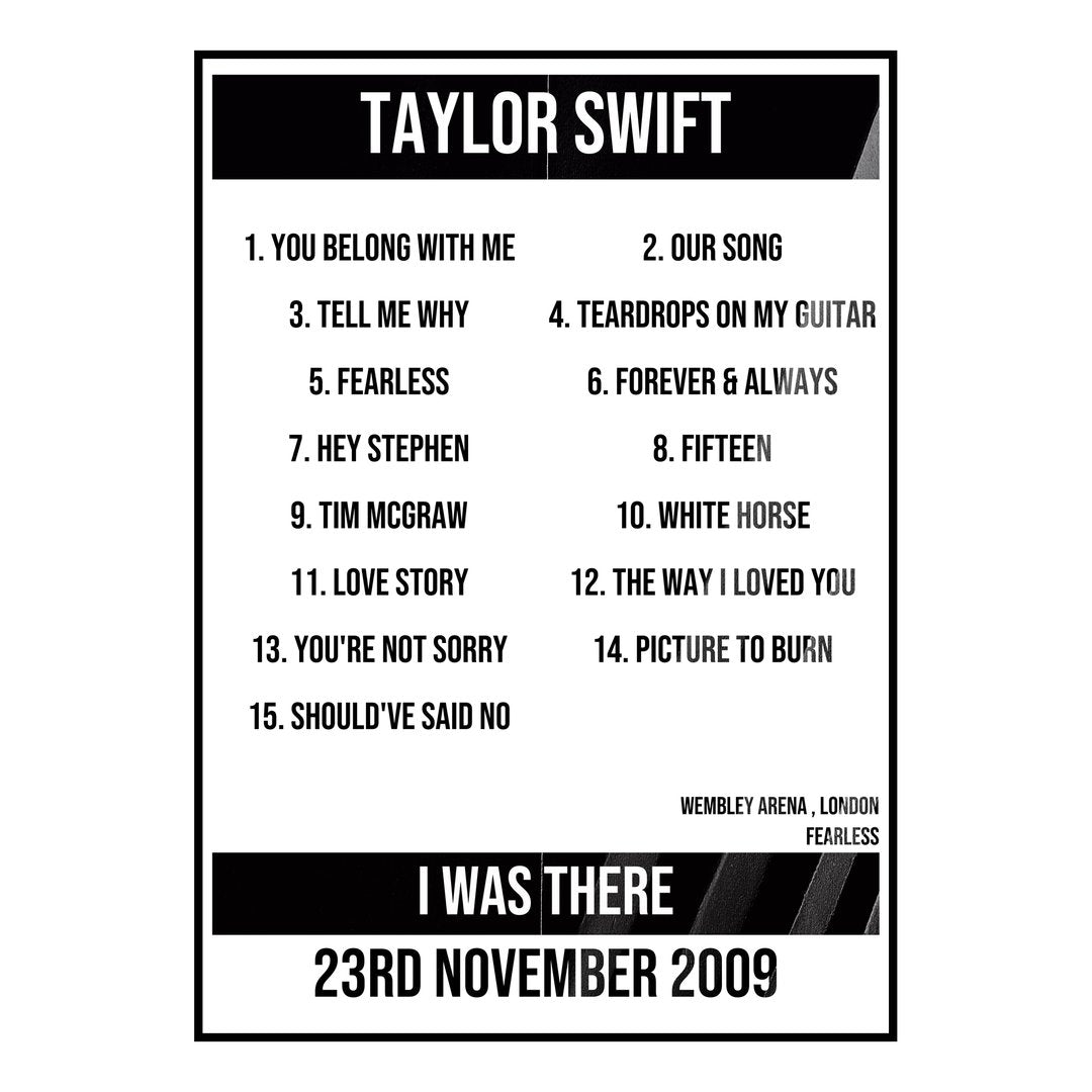 Taylor Swift London 23rd November 2009 Setlist poster