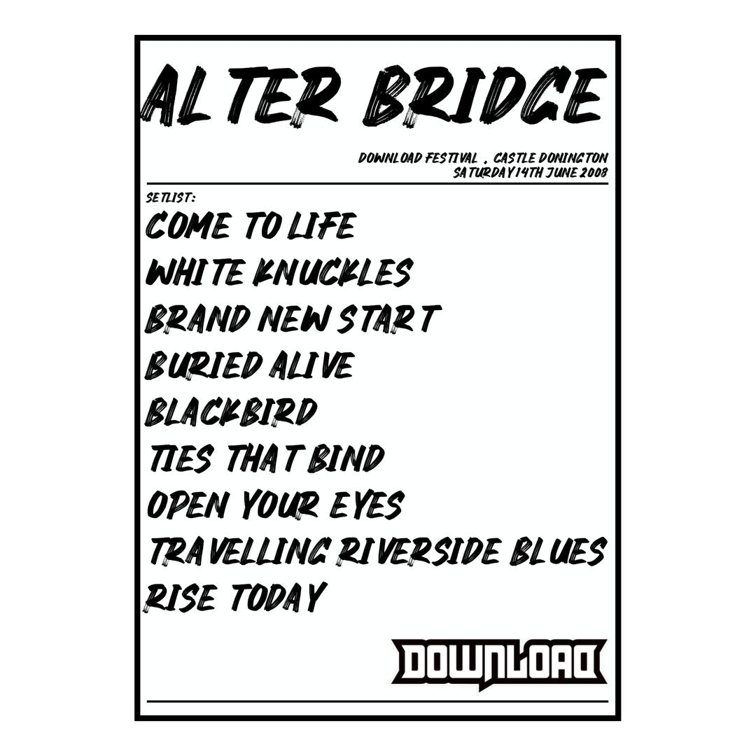 Alter Bridge Castle Donington 14th June 2008 Setlist poster