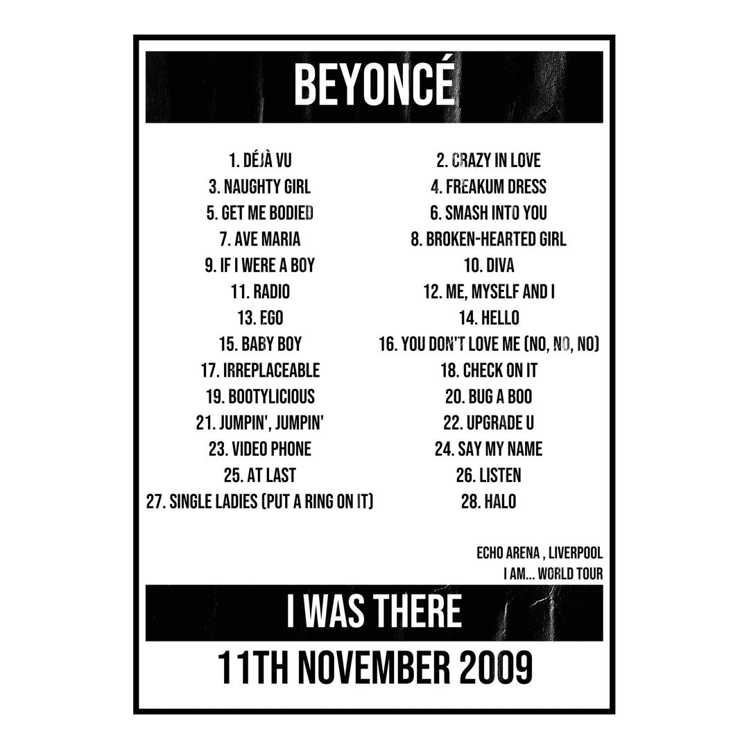 Beyoncé Liverpool 11th November 2009 Setlist poster