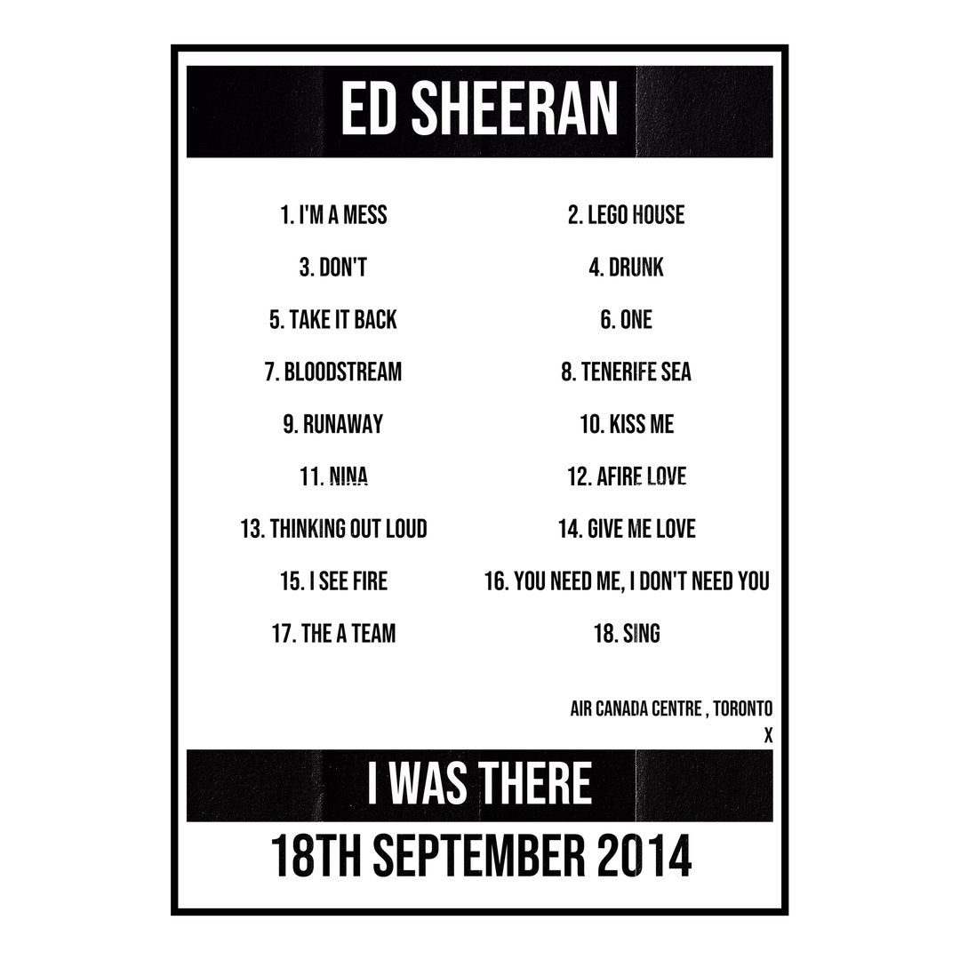 Ed Sheeran Toronto 18th September 2014 Setlist poster