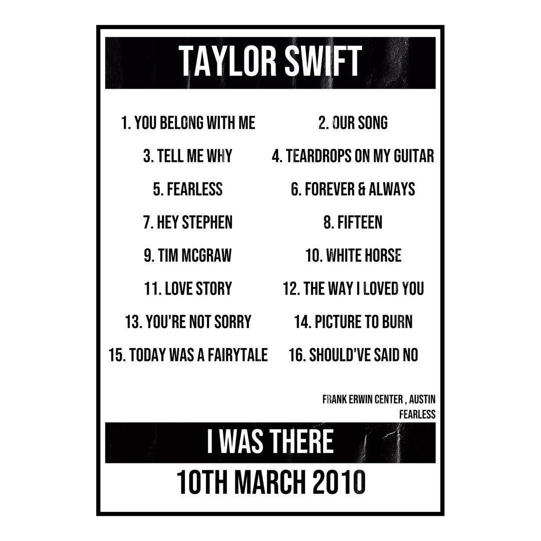 Taylor Swift Austin 10th March 2010 Setlist poster