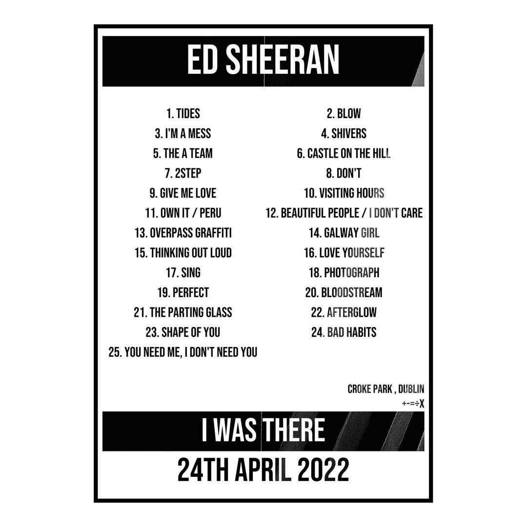 Ed Sheeran Dublin 24th April 2022 Setlist poster