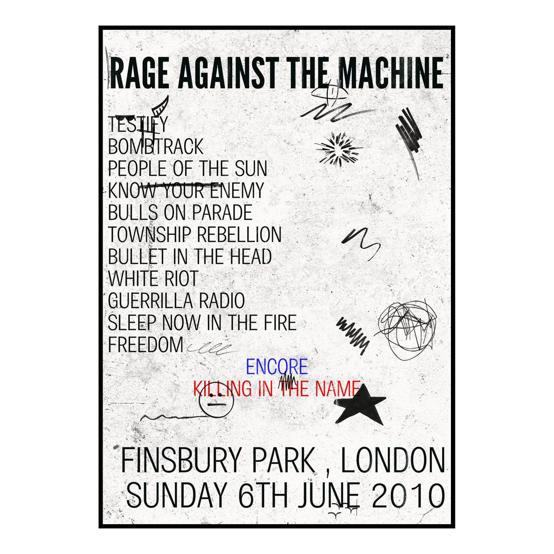 Rage Against the Machine London 6th June 2010 Setlist poster