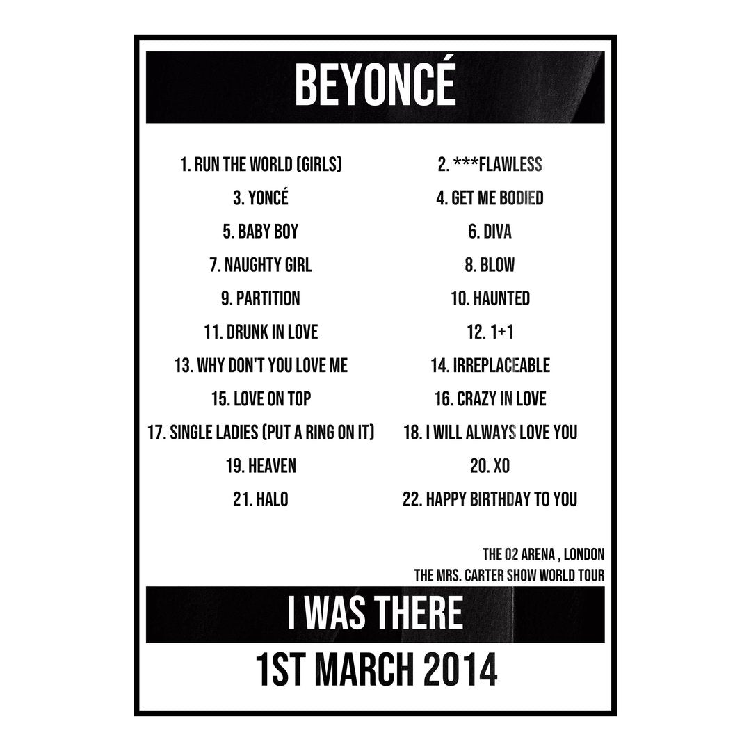 Beyoncé London 1st March 2014 Setlist poster