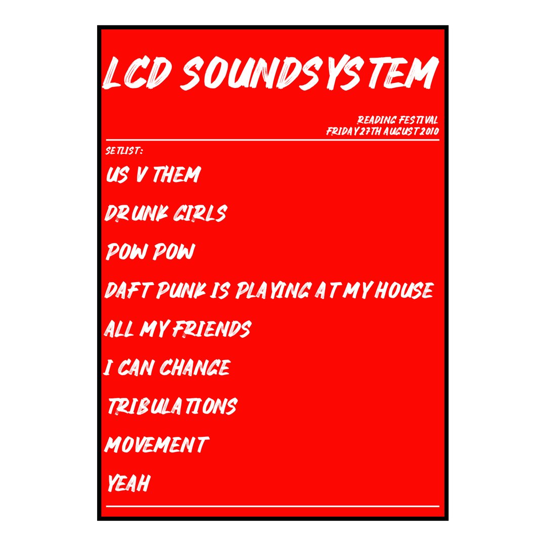 LCD Soundsystem Reading 27th August 2010 Setlist poster