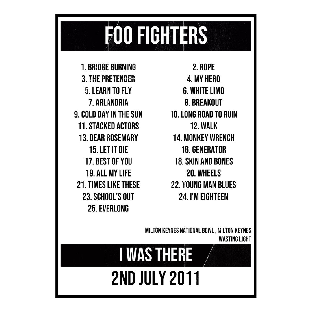 Foo Fighters Milton Keynes 2nd July 2011 Setlist poster