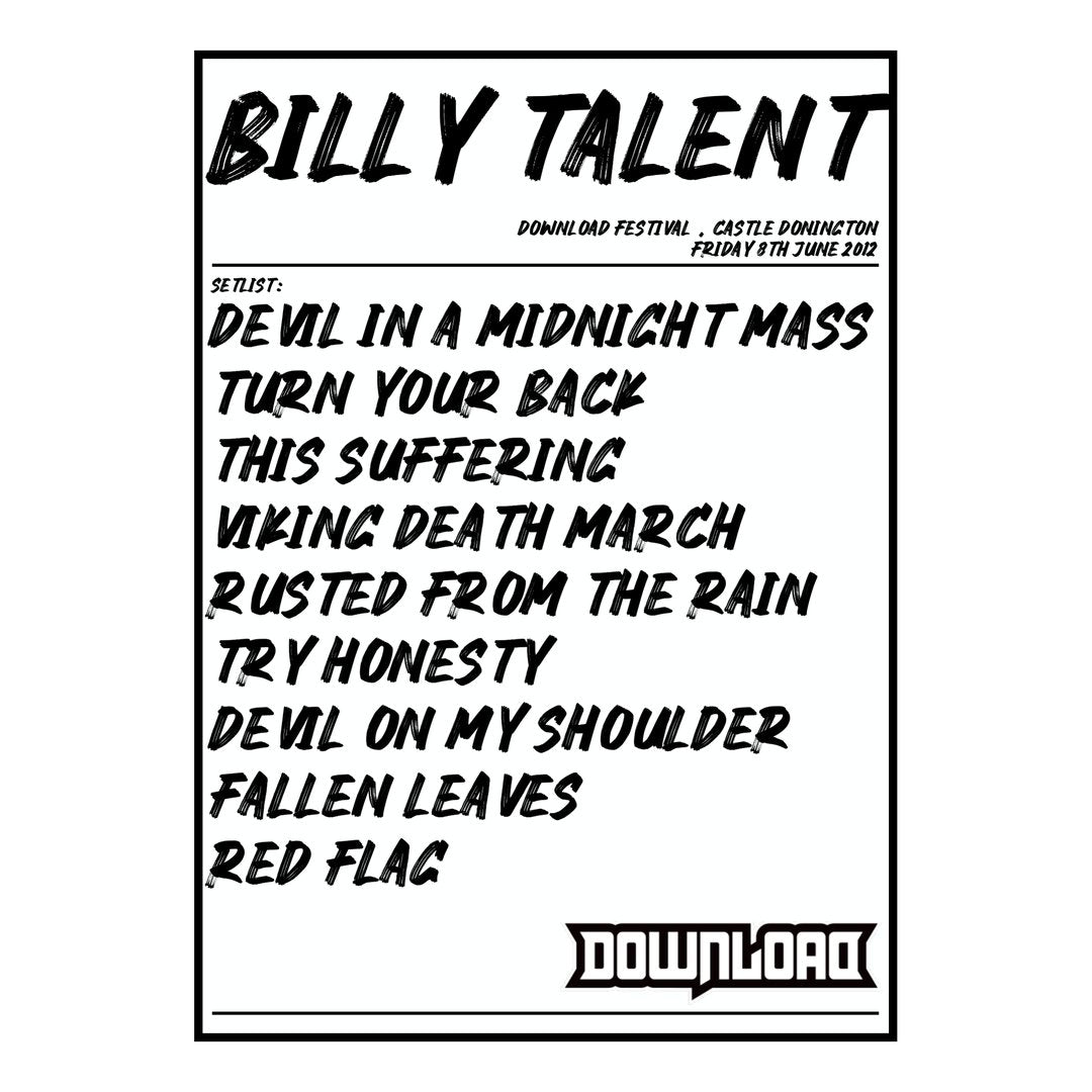 Billy Talent Castle Donington 8th June 2012 Setlist poster
