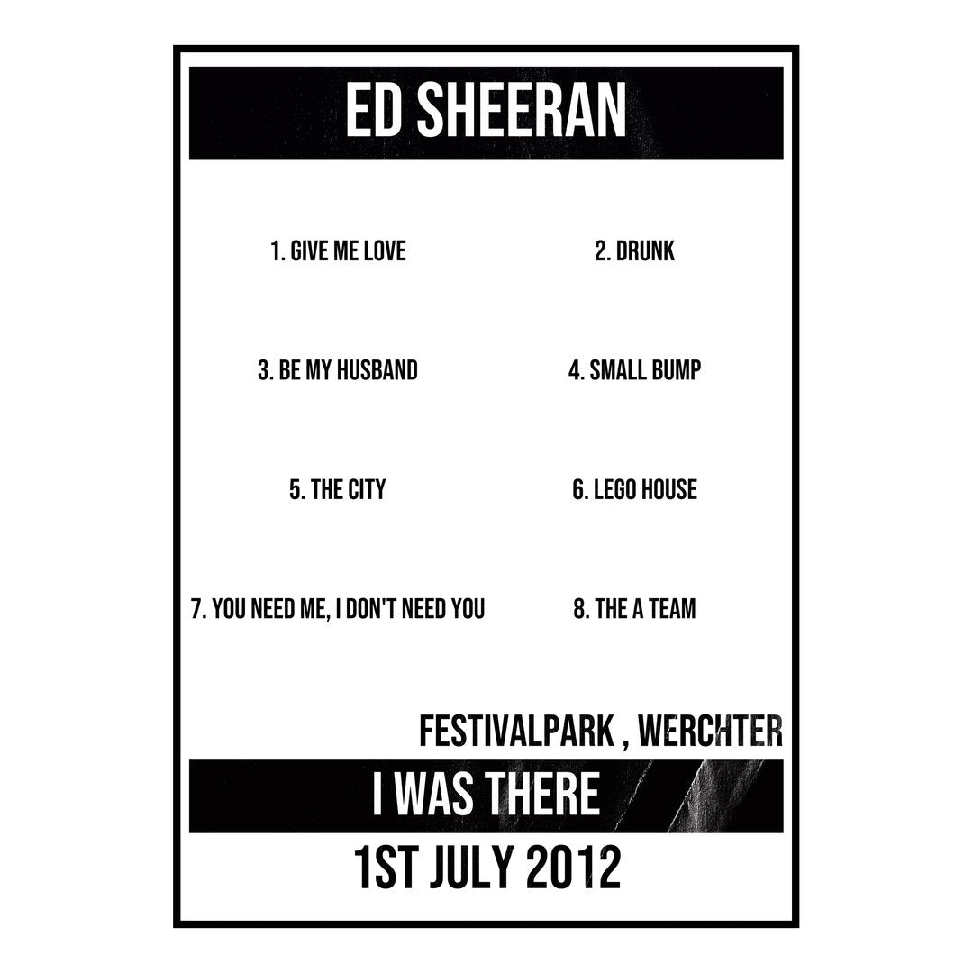 Ed Sheeran Werchter 1st July 2012 Setlist poster