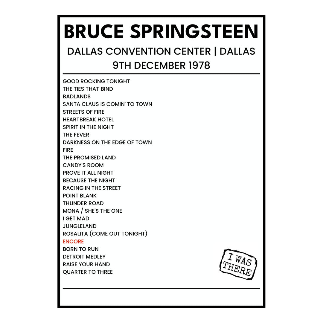 Bruce Springsteen Dallas 9th December 1978 Setlist poster