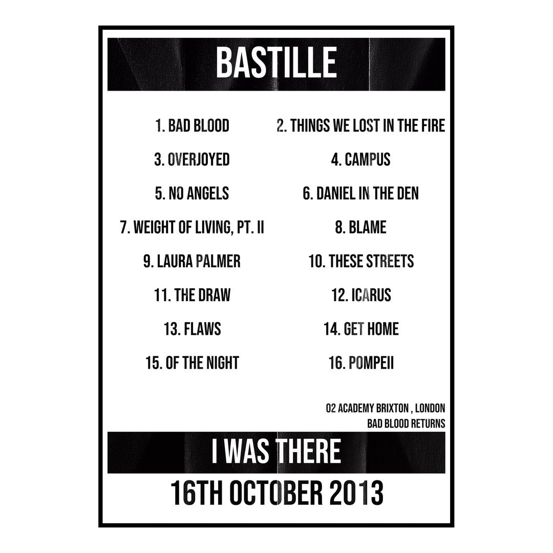 Bastille London 16th October 2013 Setlist poster