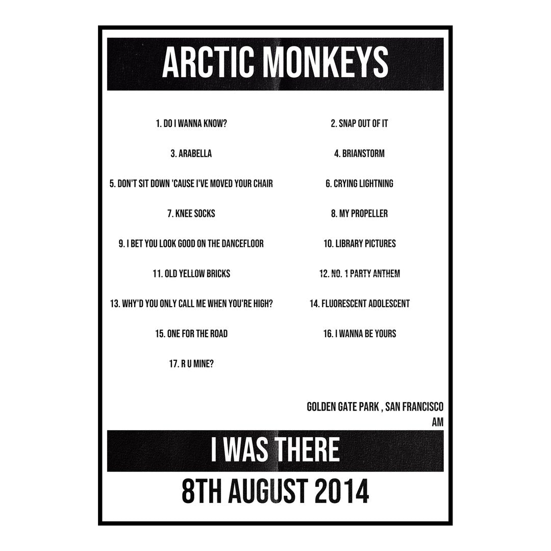 Arctic Monkeys San Francisco 8th August 2014 Setlist poster