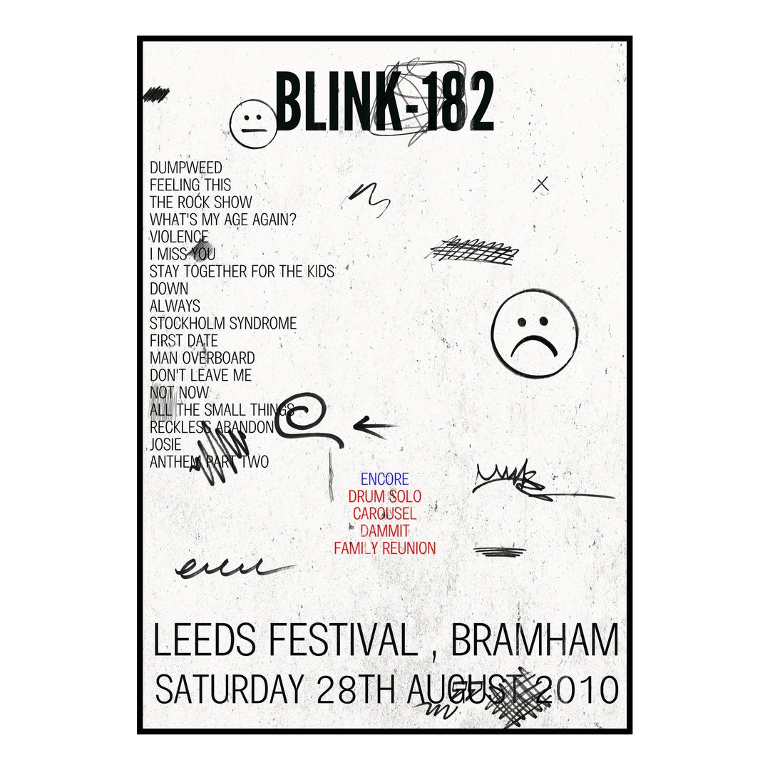 blink‐182 Bramham 28th August 2010 Setlist poster