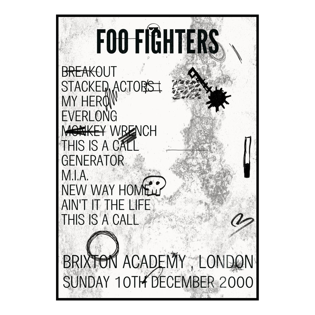 Foo Fighters London 10th December 2000 Setlist poster