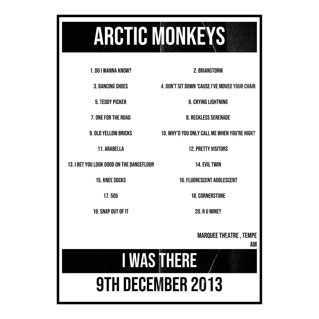 Arctic Monkeys Tempe 9th December 2013 Setlist poster