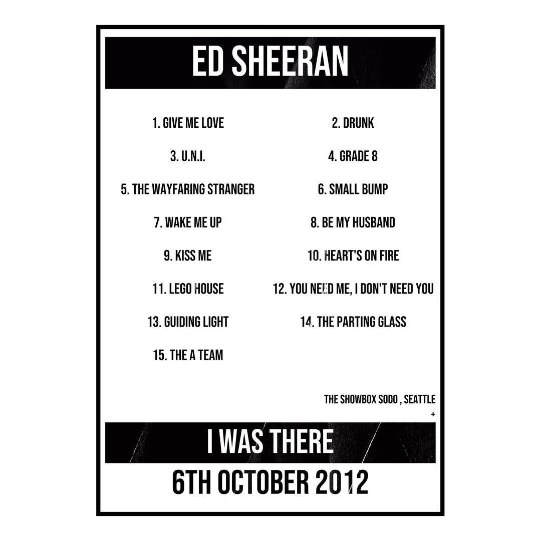 Ed Sheeran Seattle 6th October 2012 Setlist poster