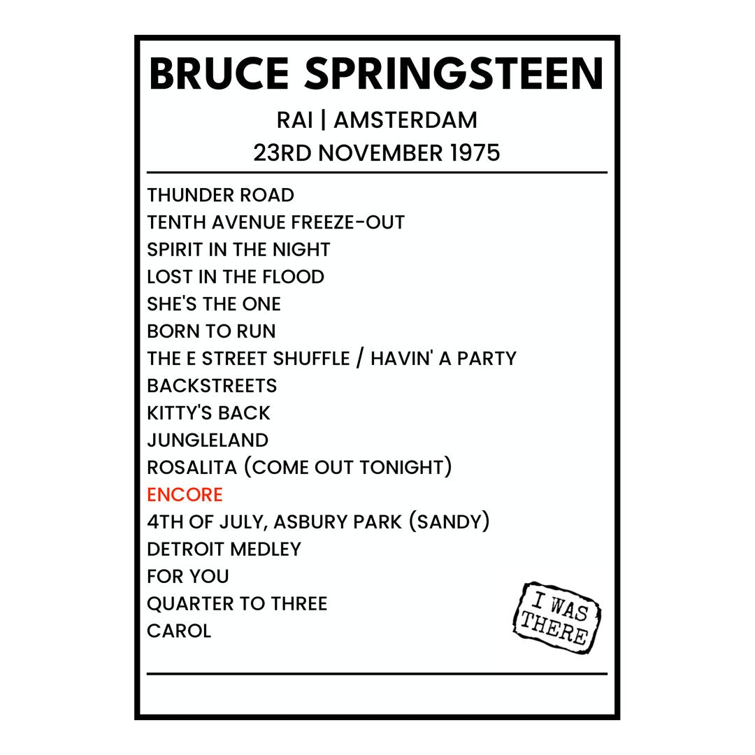 Bruce Springsteen Amsterdam 23rd November 1975 Setlist poster
