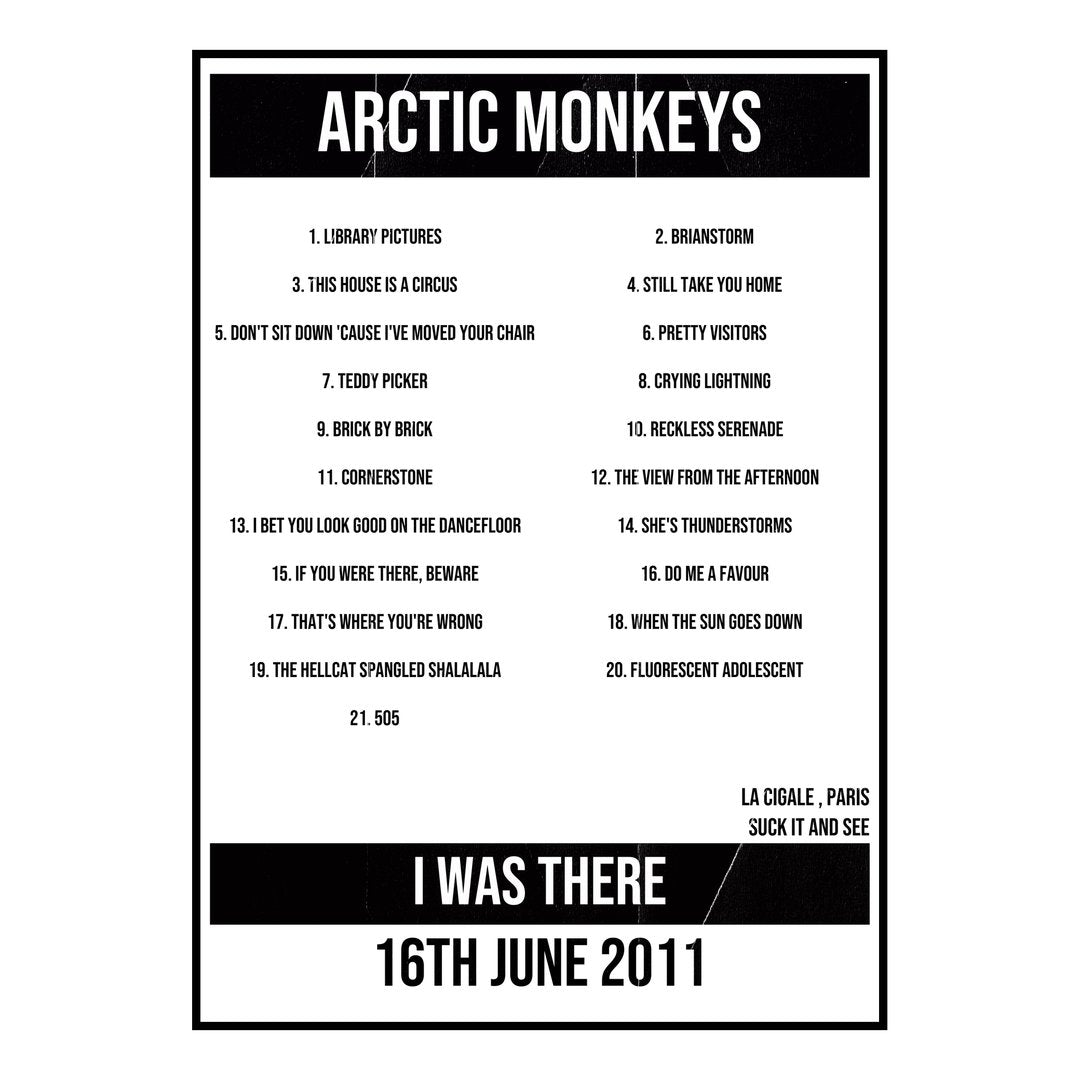 Arctic Monkeys Paris 16th June 2011 Setlist poster