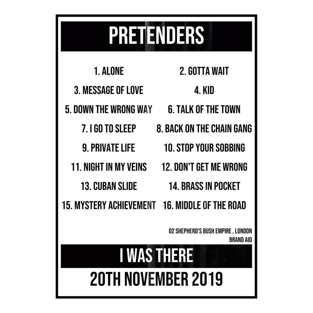 Pretenders London 20th November 2019 Setlist poster