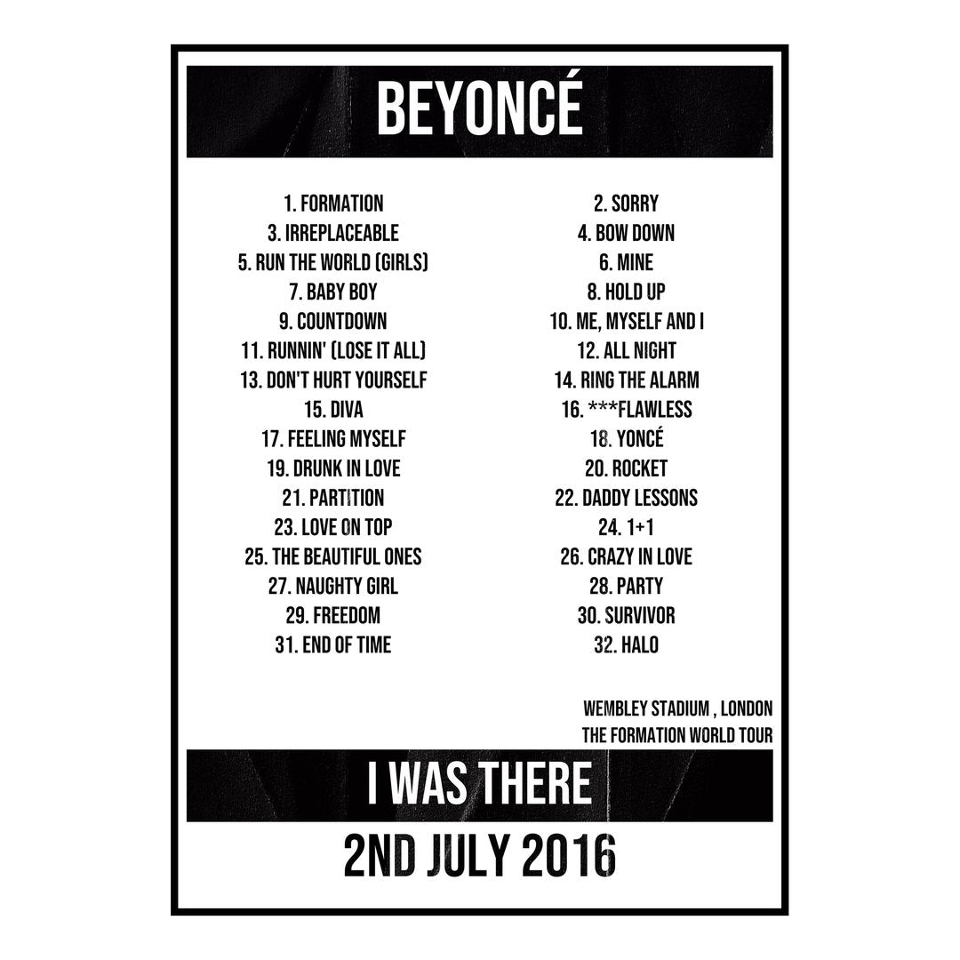 Beyoncé London 2nd July 2016 Setlist poster