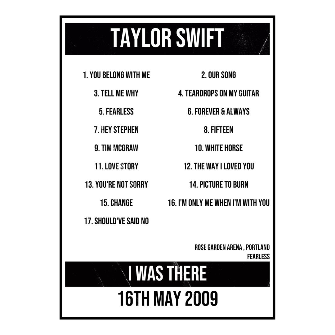 Taylor Swift Portland 16th May 2009 Setlist poster