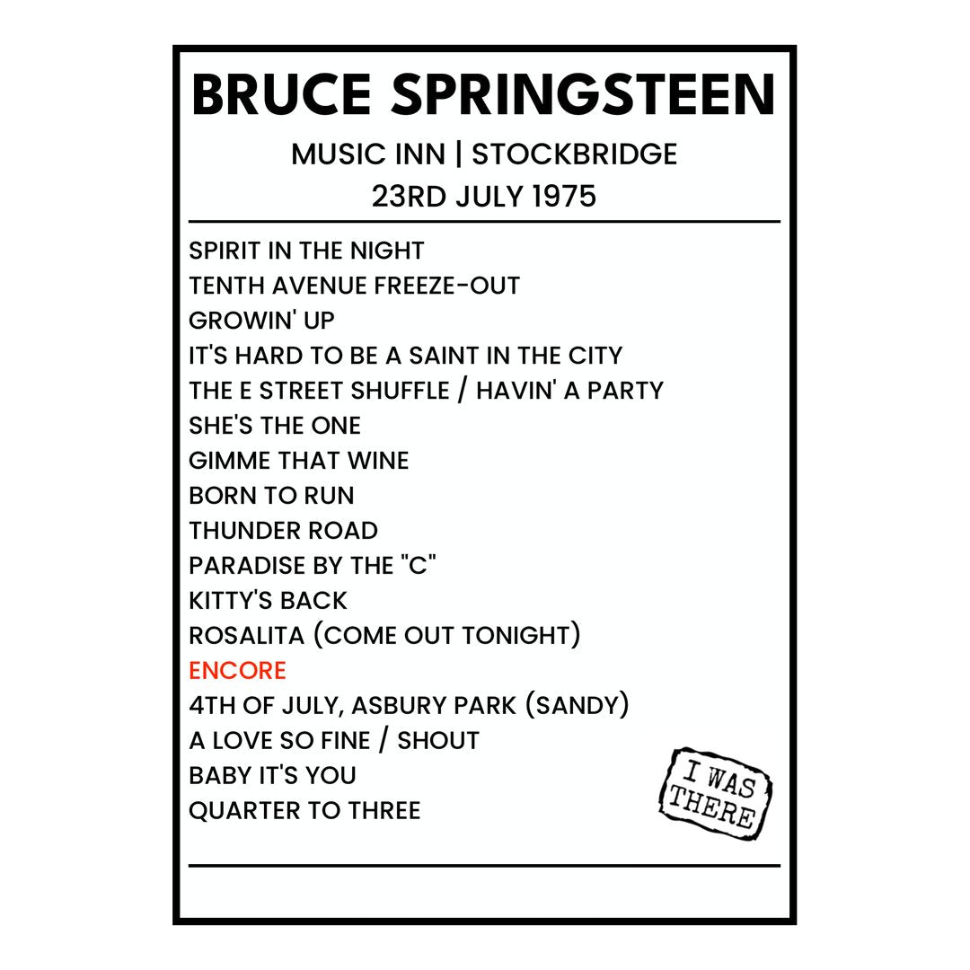 Bruce Springsteen Stockbridge 23rd July 1975 Setlist poster