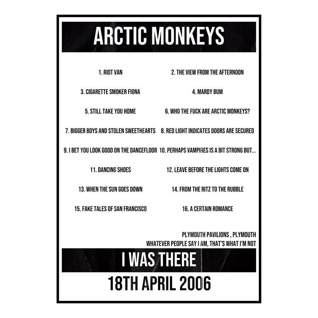 Arctic Monkeys Plymouth 18th April 2006 Setlist poster