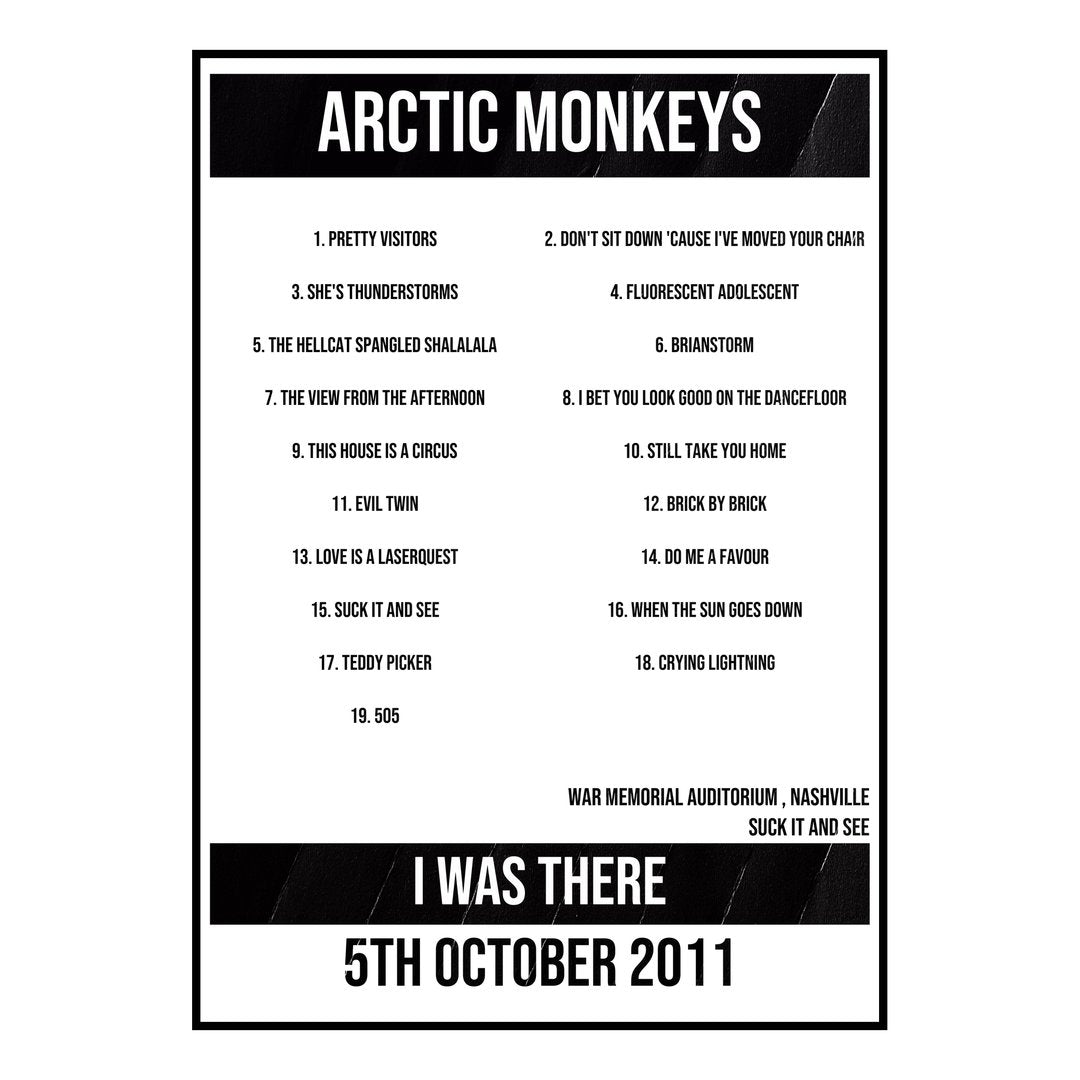 Arctic Monkeys Nashville 5th October 2011 Setlist poster