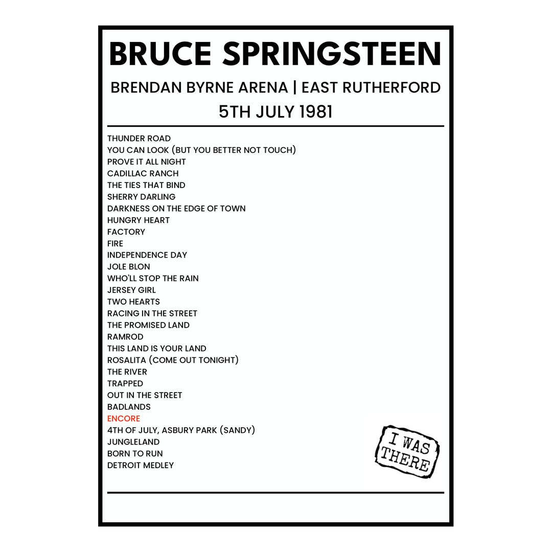 Bruce Springsteen East Rutherford 5th July 1981 Setlist poster