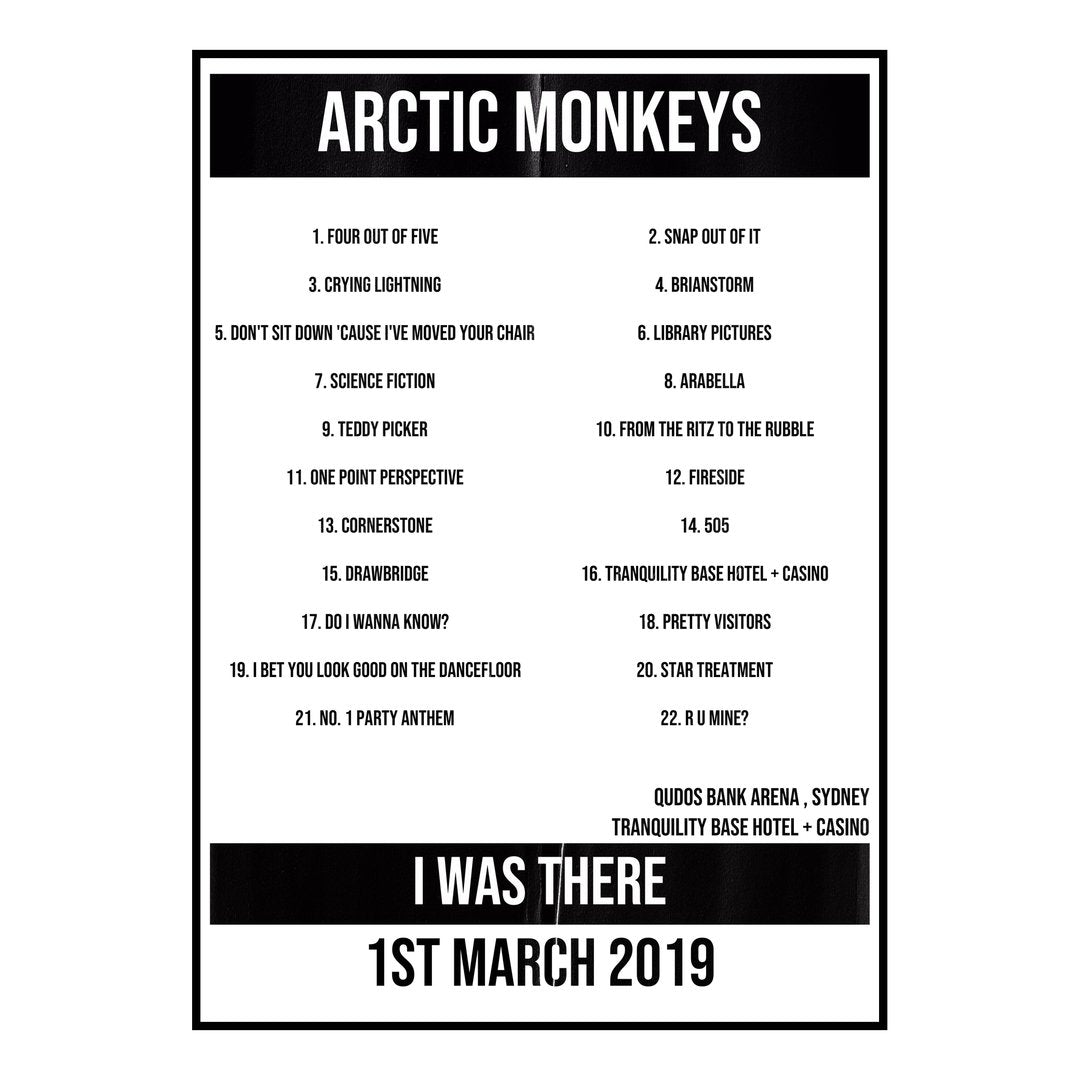 Arctic Monkeys Sydney 1st March 2019 Setlist poster