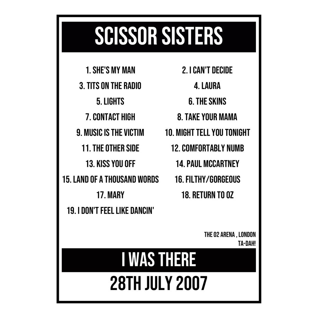 A Setlist Poster Featuring Scissor Sisters Gig from London in 2007