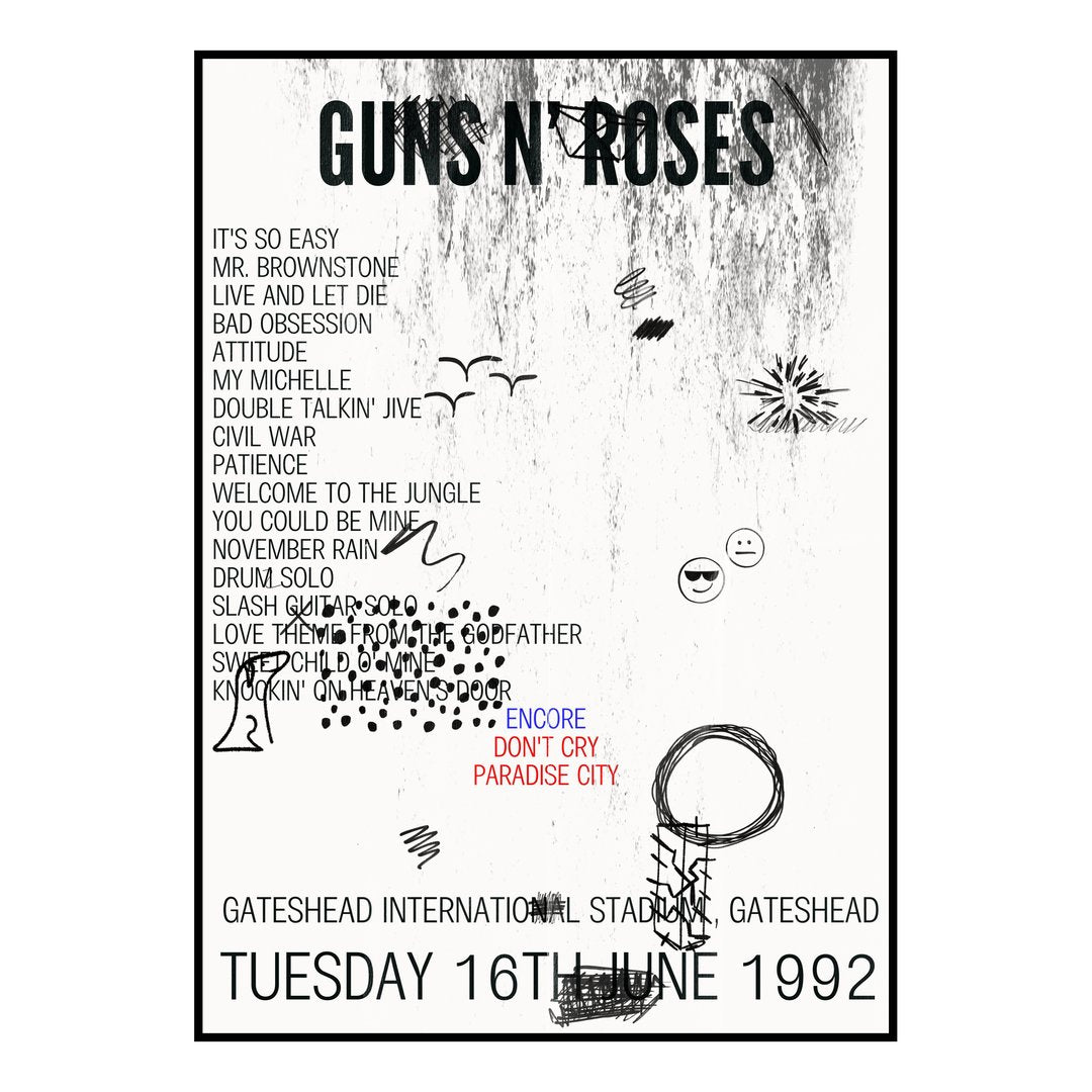 Guns N’ Roses Gateshead 16th June 1992 Setlist poster