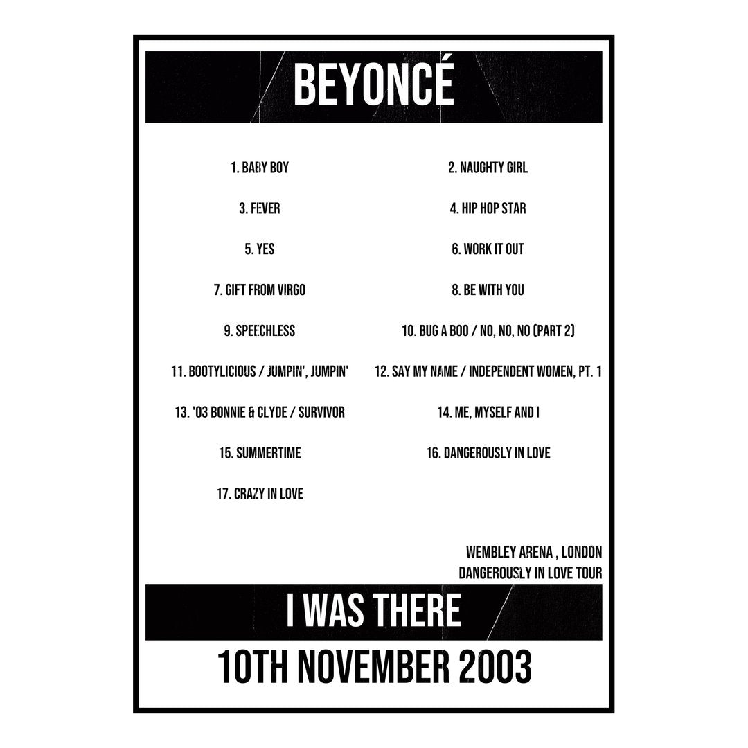 Beyoncé London 10th November 2003 Setlist poster