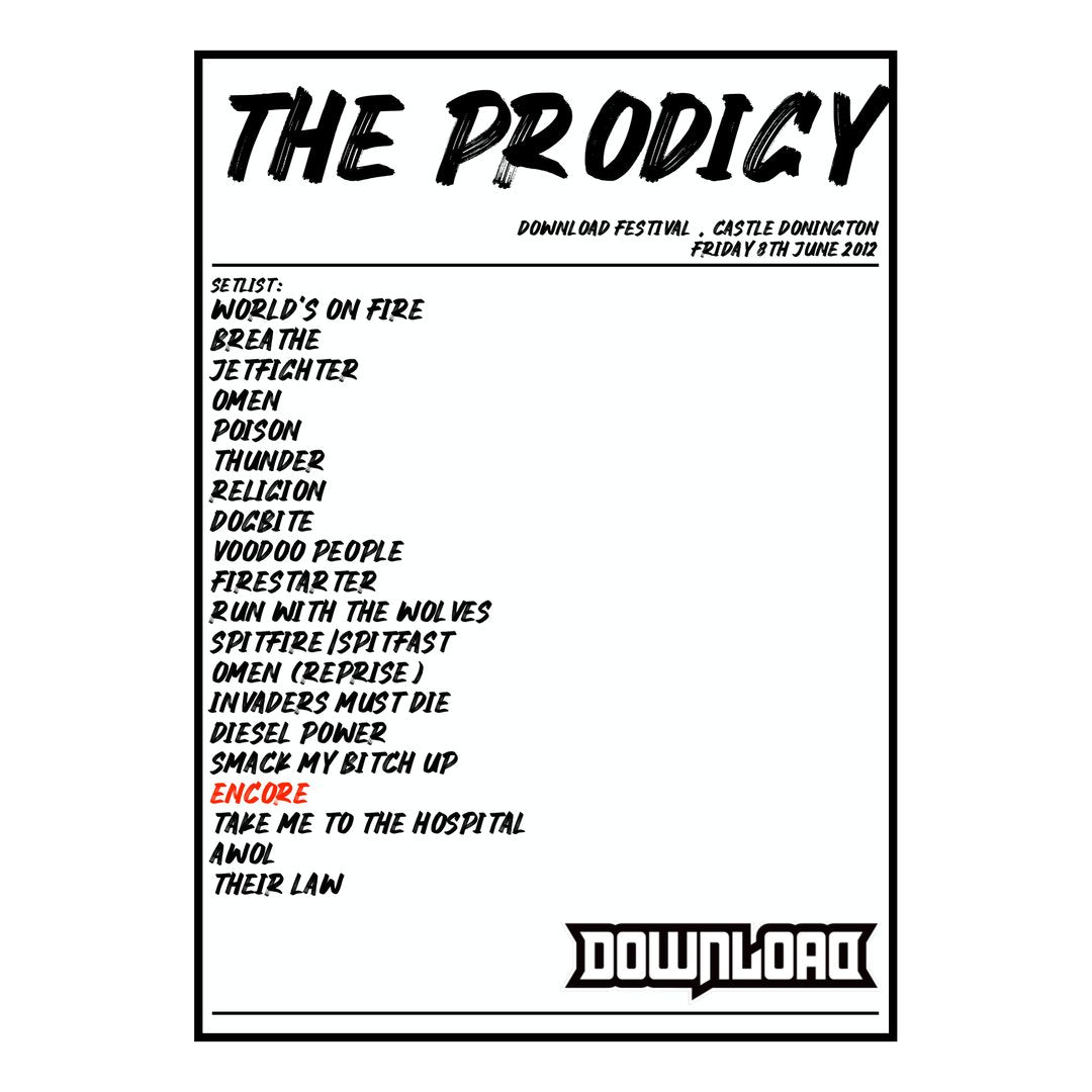 The Prodigy Castle Donington 8th June 2012 Setlist poster