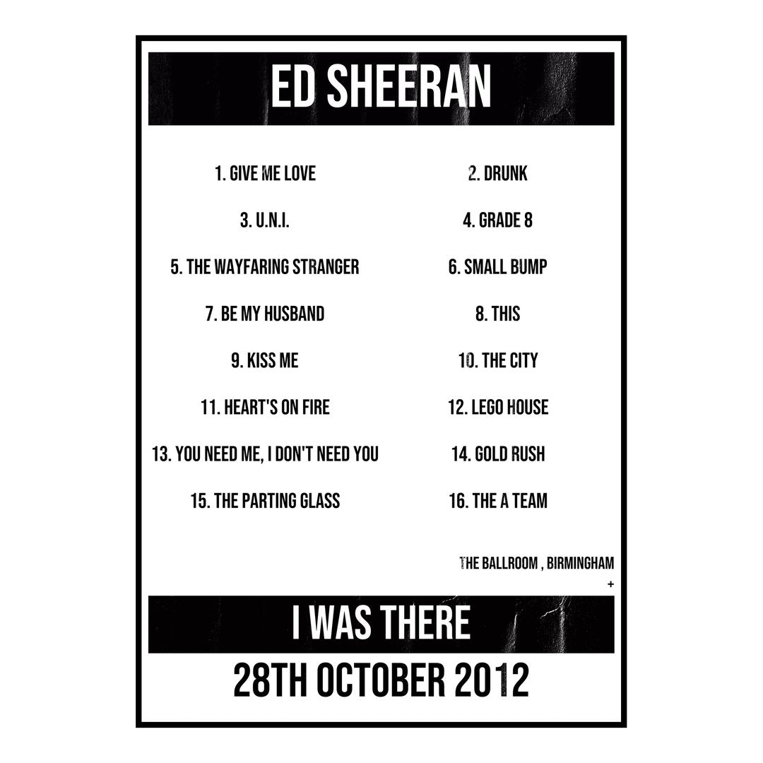 Ed Sheeran Birmingham 28th October 2012 Setlist poster