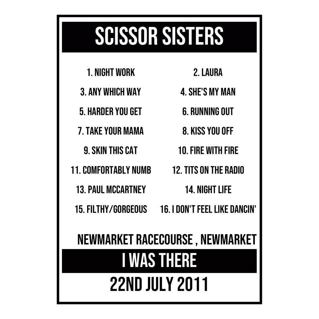 A Setlist Poster Featuring Scissor Sisters Gig from Newmarket in 2011