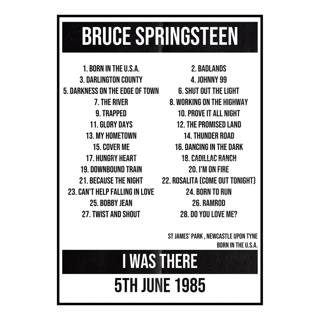 Bruce Springsteen Newcastle upon Tyne 5th June 1985 Setlist poster