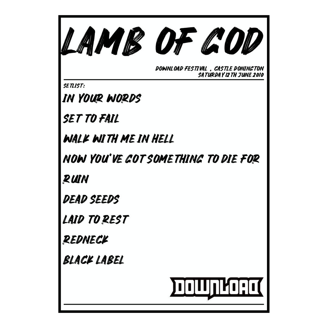 Lamb of God Castle Donington 12th June 2010 Setlist poster
