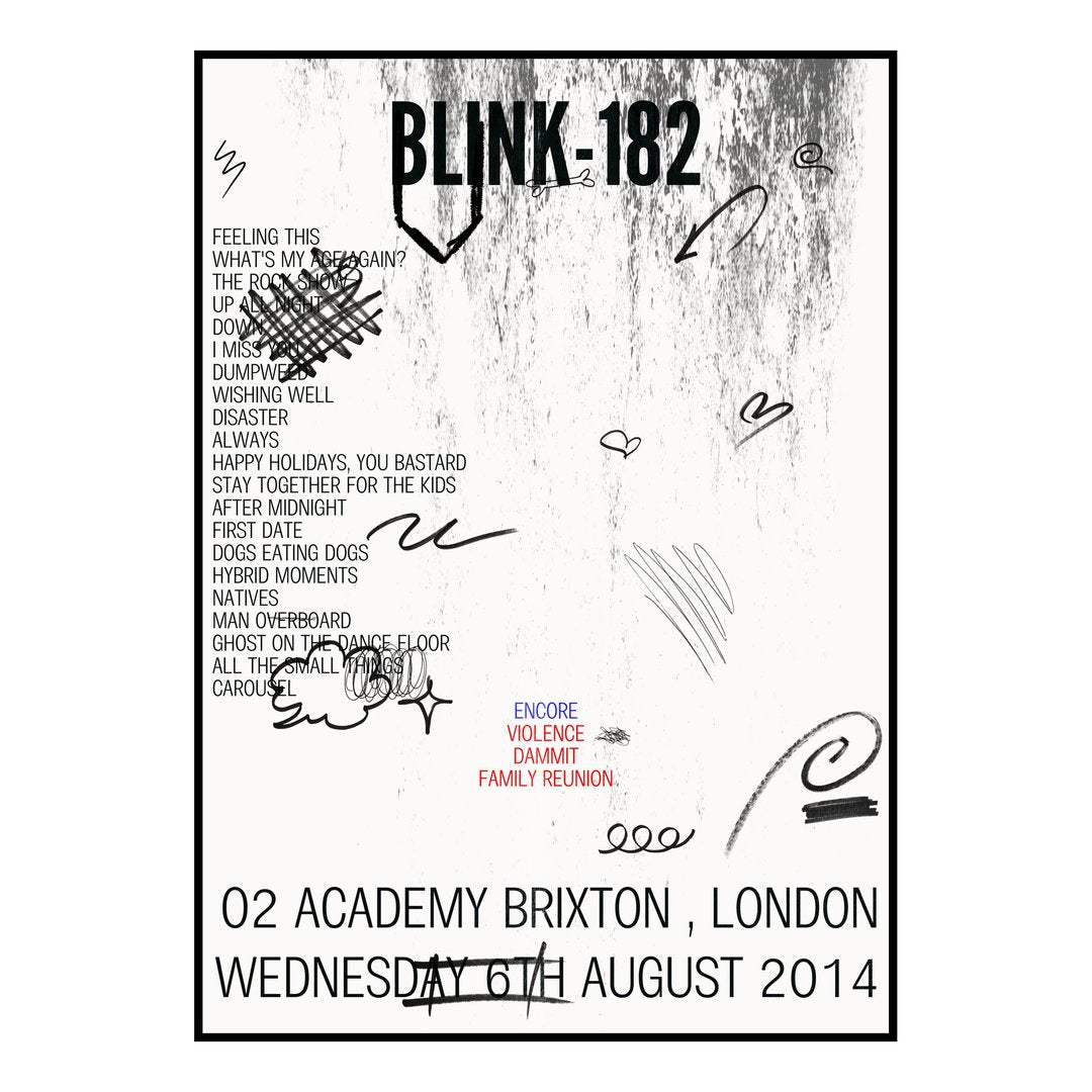 blink‐182 London 6th August 2014 Setlist poster