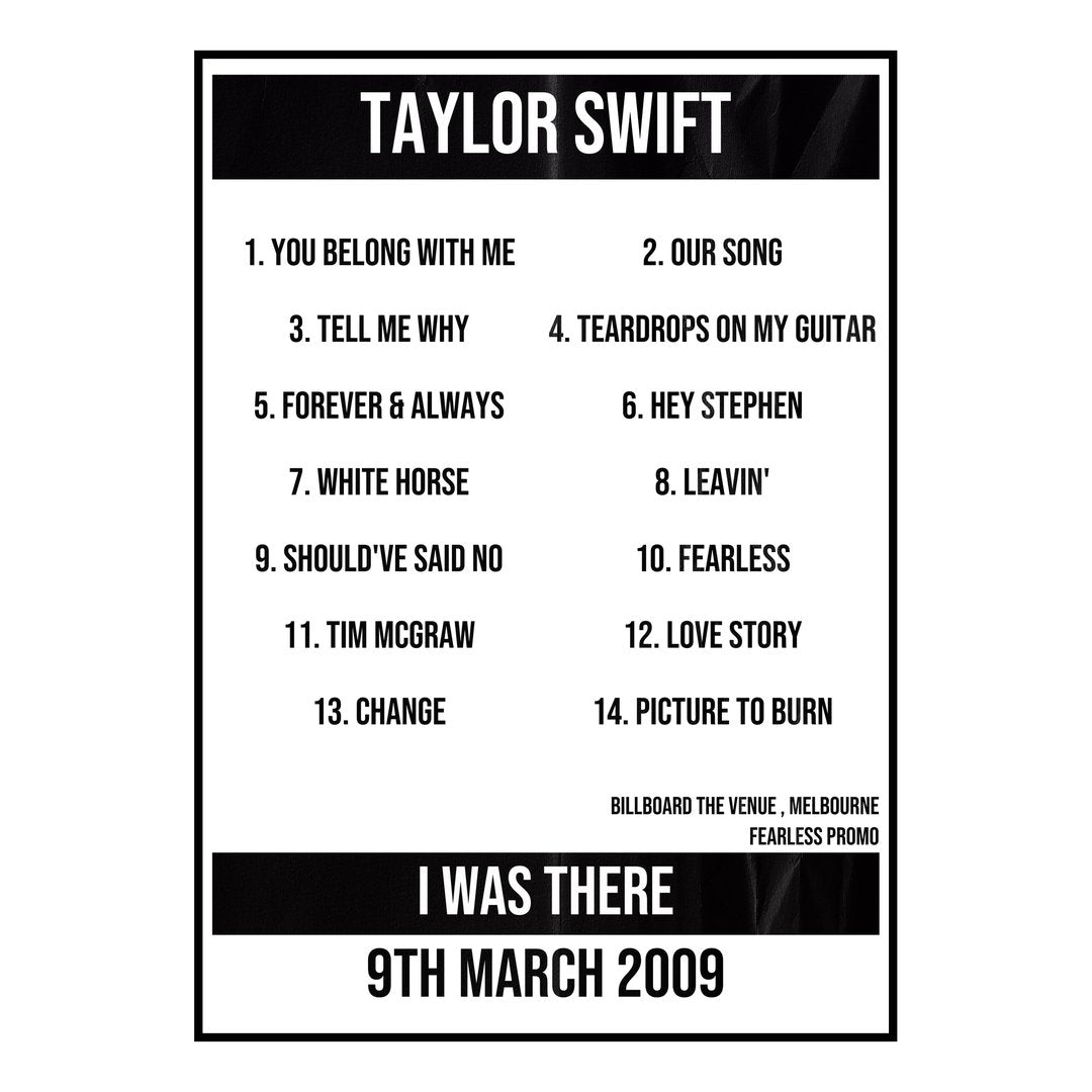 Taylor Swift Melbourne 9th March 2009 Setlist poster