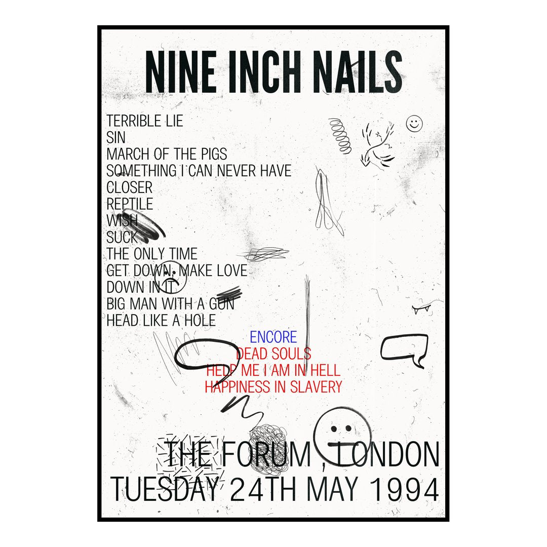 Nine Inch Nails London 24th May 1994 Setlist poster