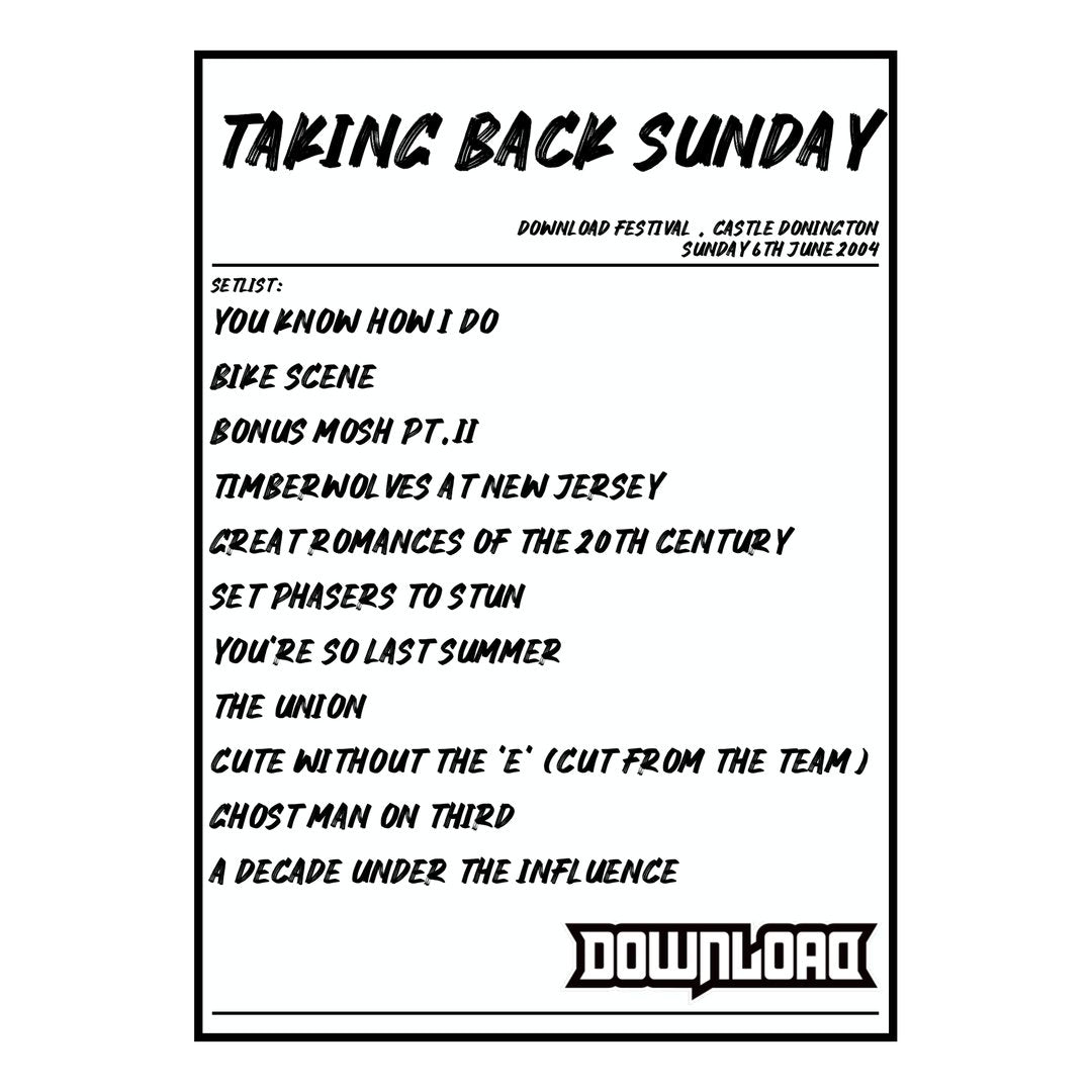 Taking Back Sunday Castle Donington 6th June 2004 Setlist poster
