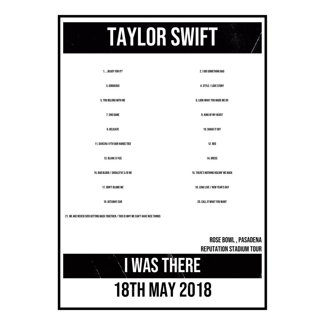 Taylor Swift Pasadena 18th May 2018 Setlist poster