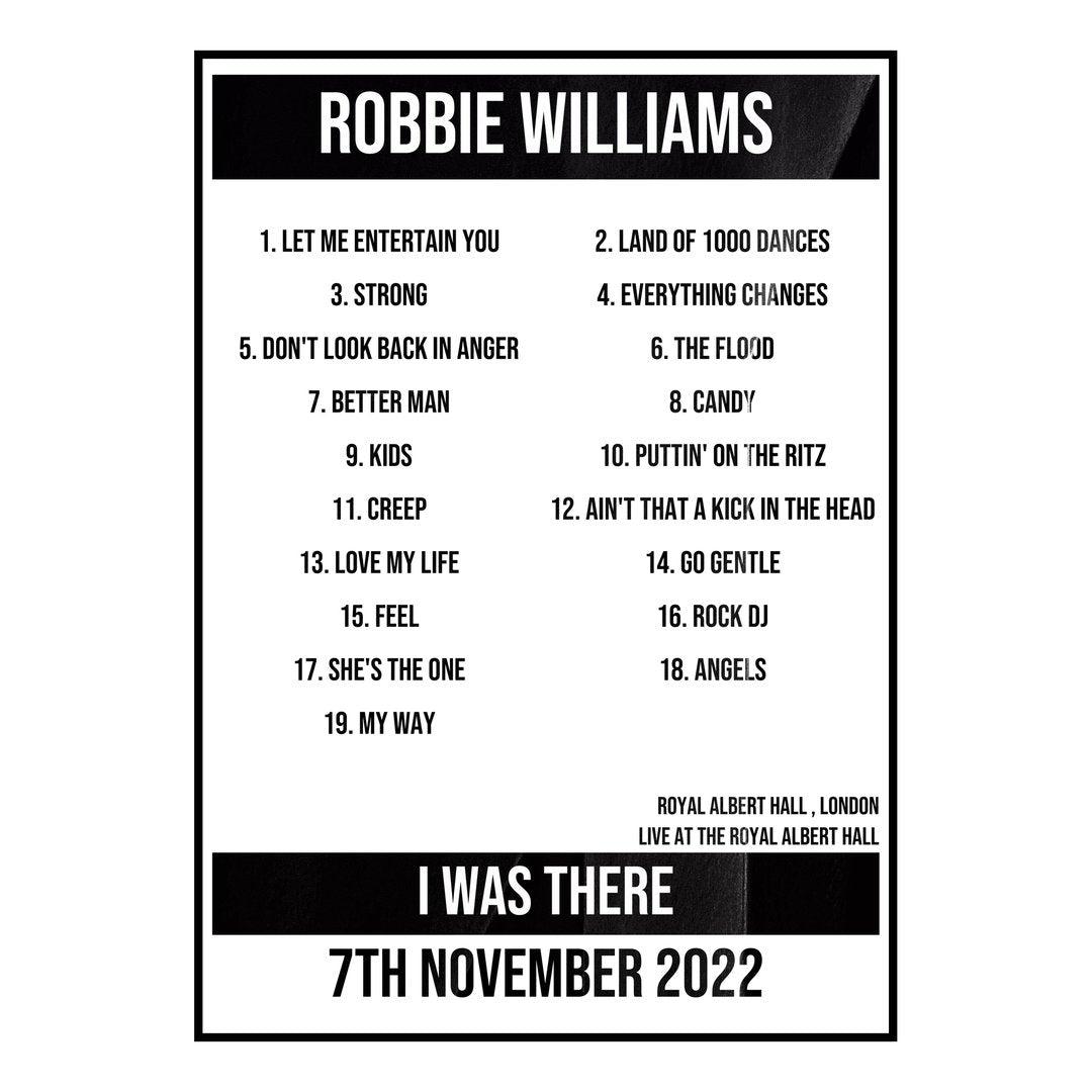 Robbie Williams London 7th November 2022 Setlist poster
