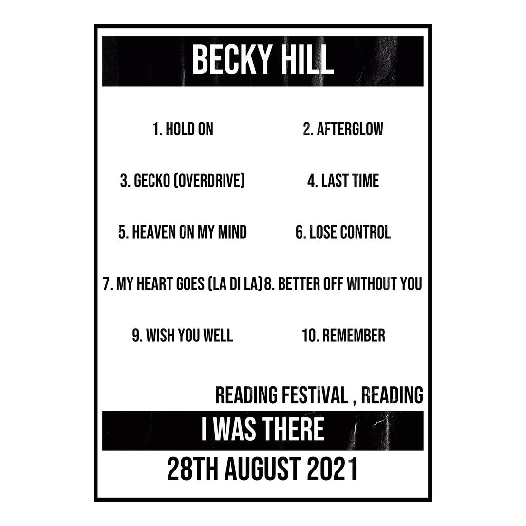 Becky Hill Reading 28th August 2021 Setlist poster