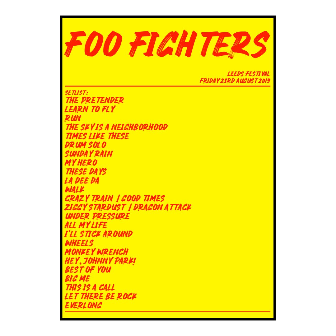 Foo Fighters Bramham 23rd August 2019 Setlist poster