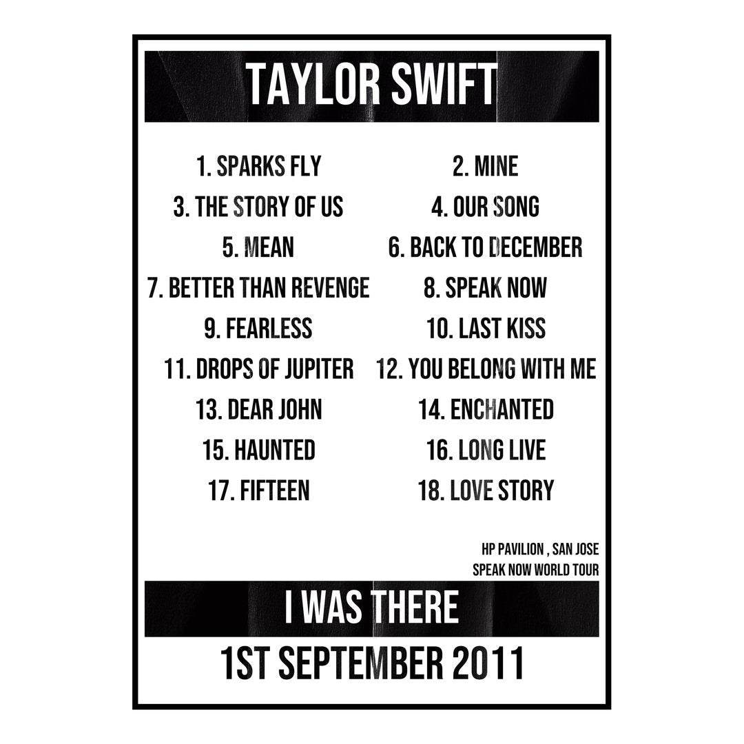 Taylor Swift San Jose 1st September 2011 Setlist poster