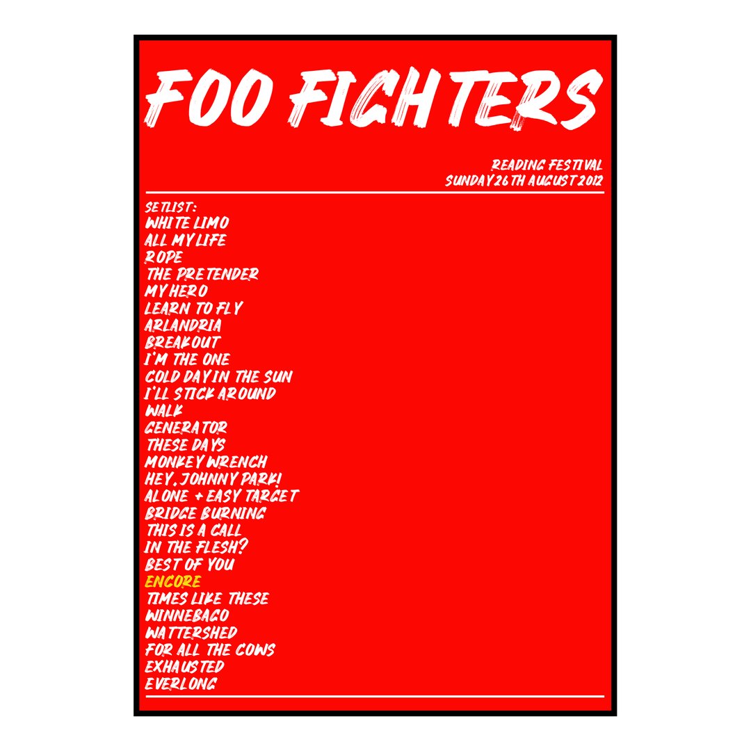 Foo Fighters Reading 26th August 2012 Setlist poster